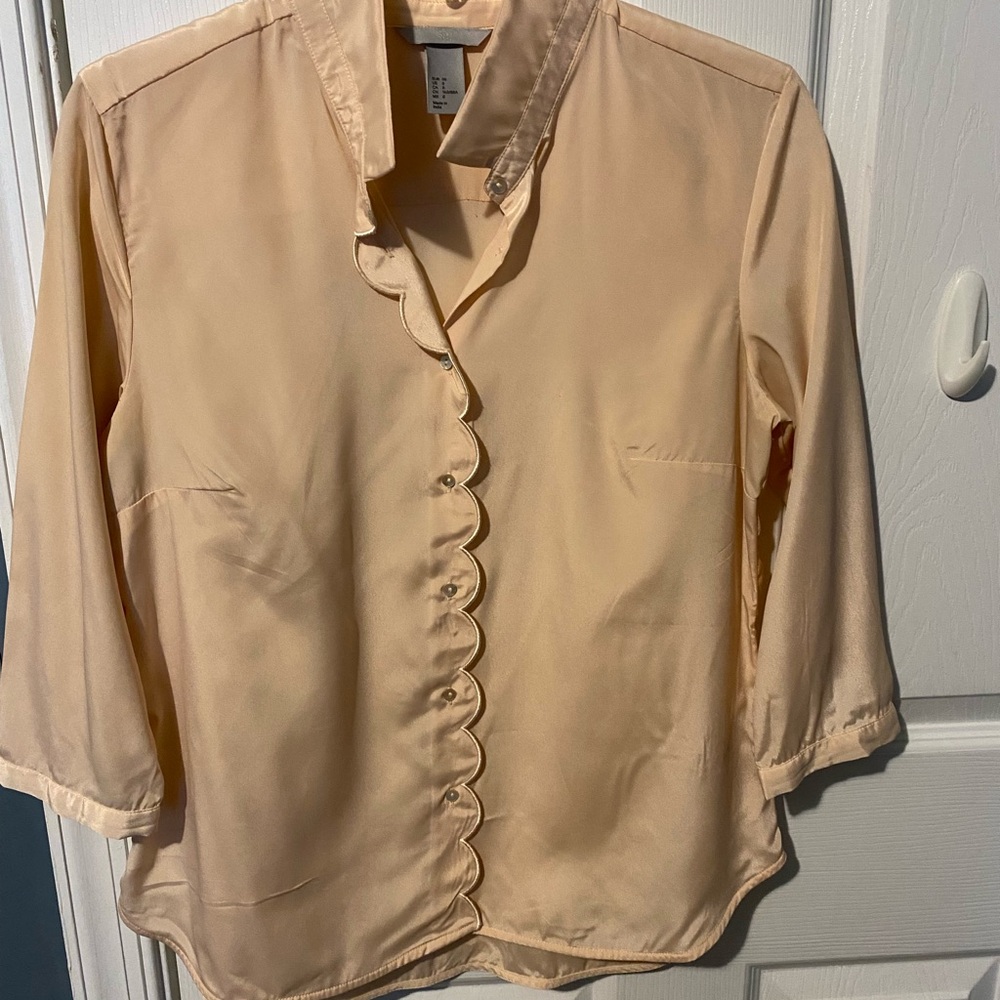 H&M Tan Ruffled 3/4 Sleeve Blouse with Mandarin Collar